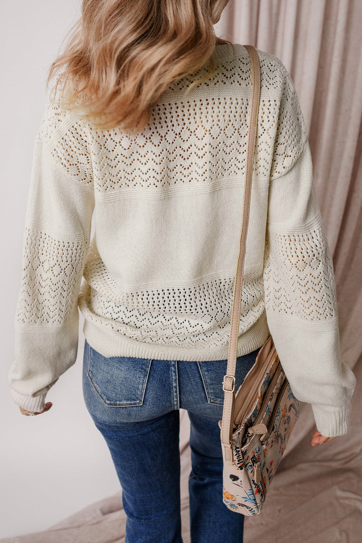 Eyelet Pattern Detail V Neck Drop Shoulder Sweater
