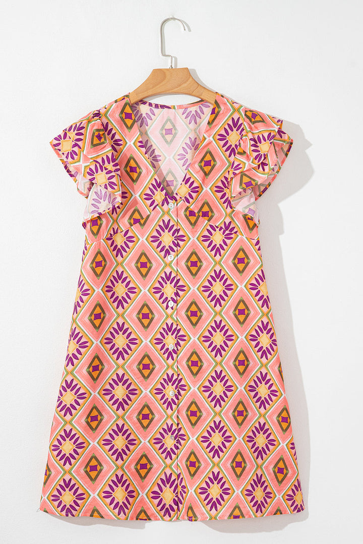 Geometric Floral V Neck Buttoned Ruffled Sleeve Mini Dress