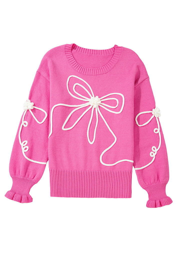 Corded Flower Bow Ribbed Trim Casual Sweater