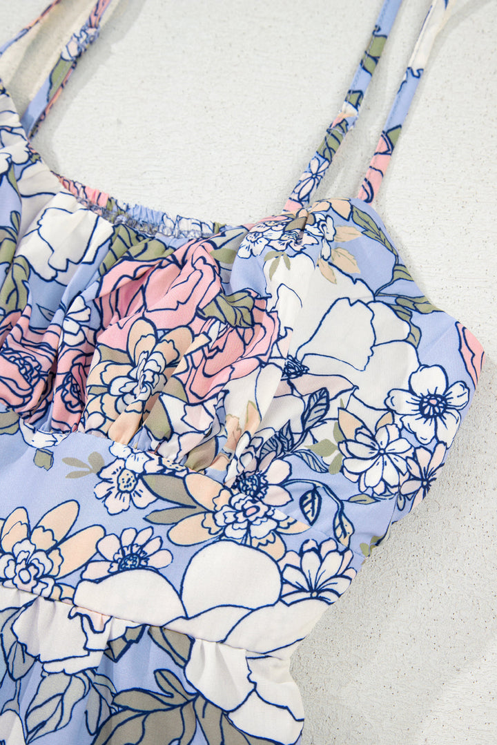 floral tiered patchwork spaghetti strap vacation dress