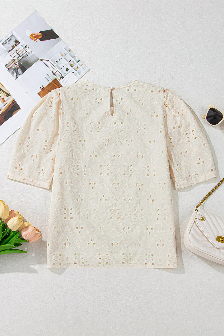 Eyelet Embroidered Half Sleeve Casual Blouse