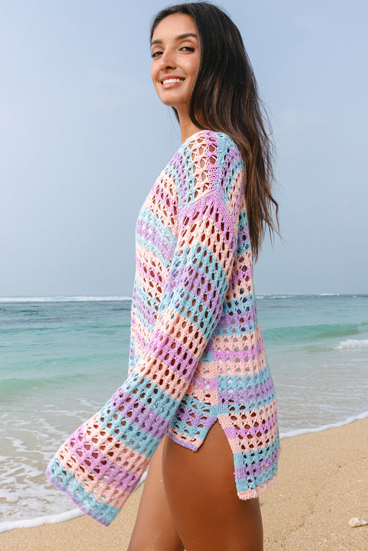 multi stripe open knit sweater beach cover up 2