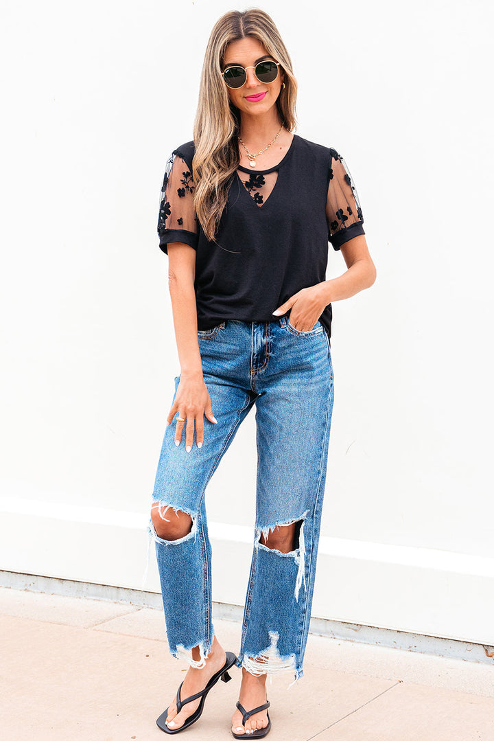 flora lace patchwork crew neck t shirt