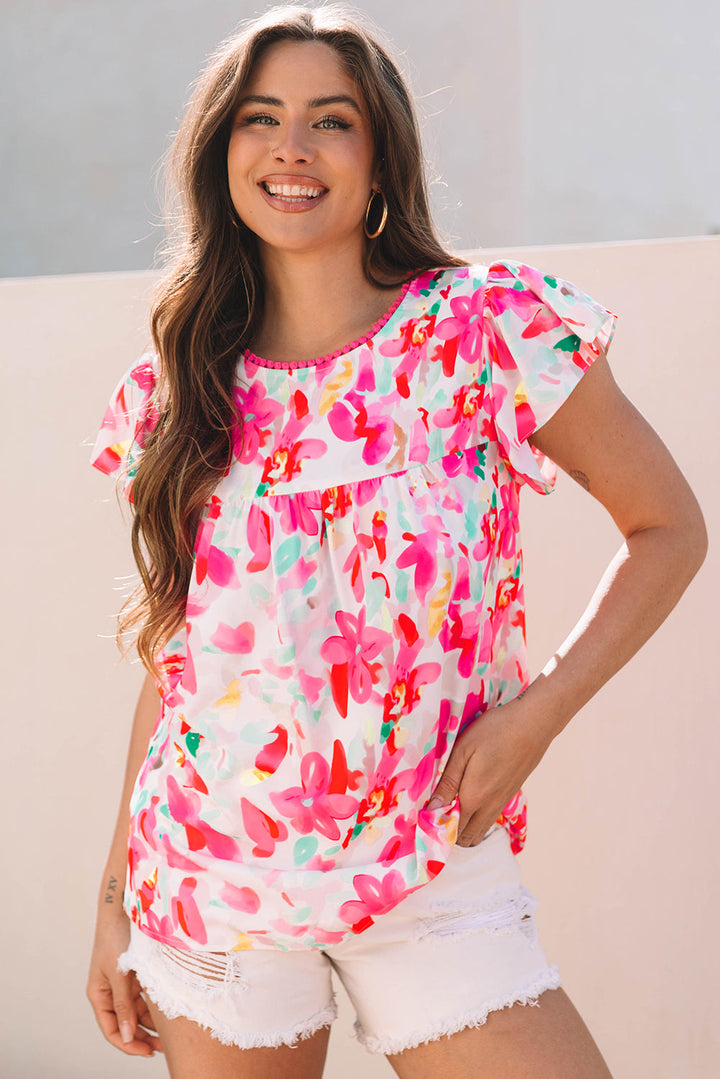 Floral Print Flutter Sleeve Round Neck Casual Blouse