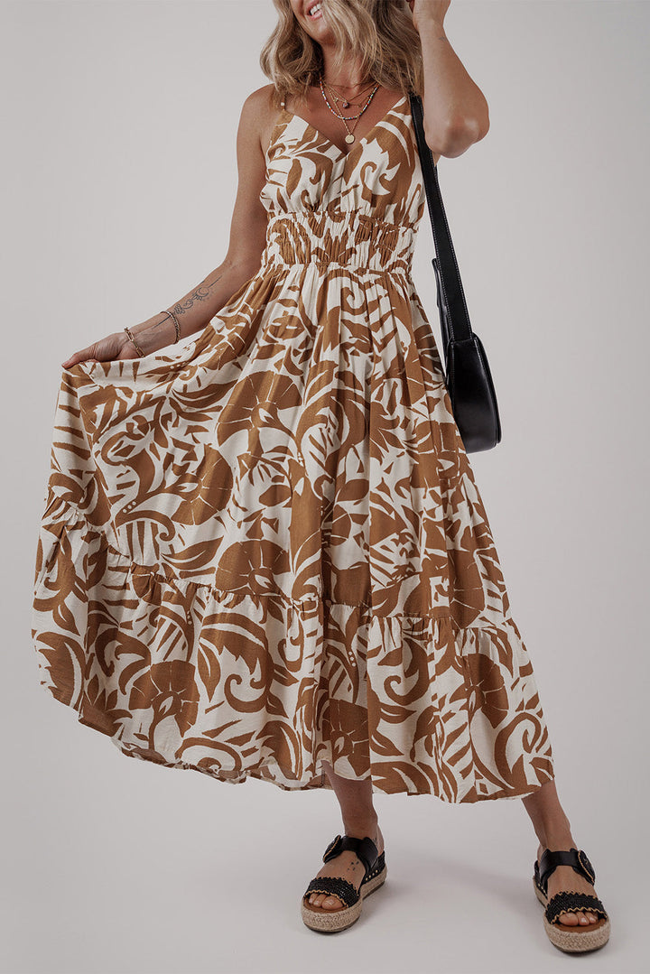 Floral Shirred High Waist Spaghetti Straps Maxi Dress