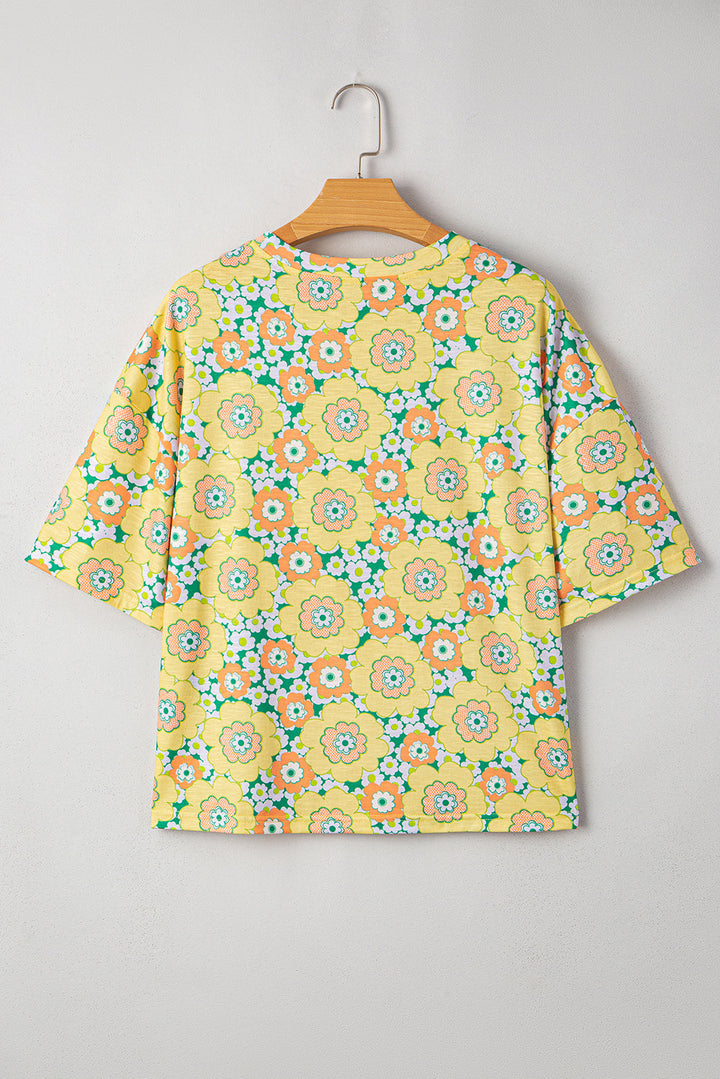 summer flower printed drop shoulder loose t shirt