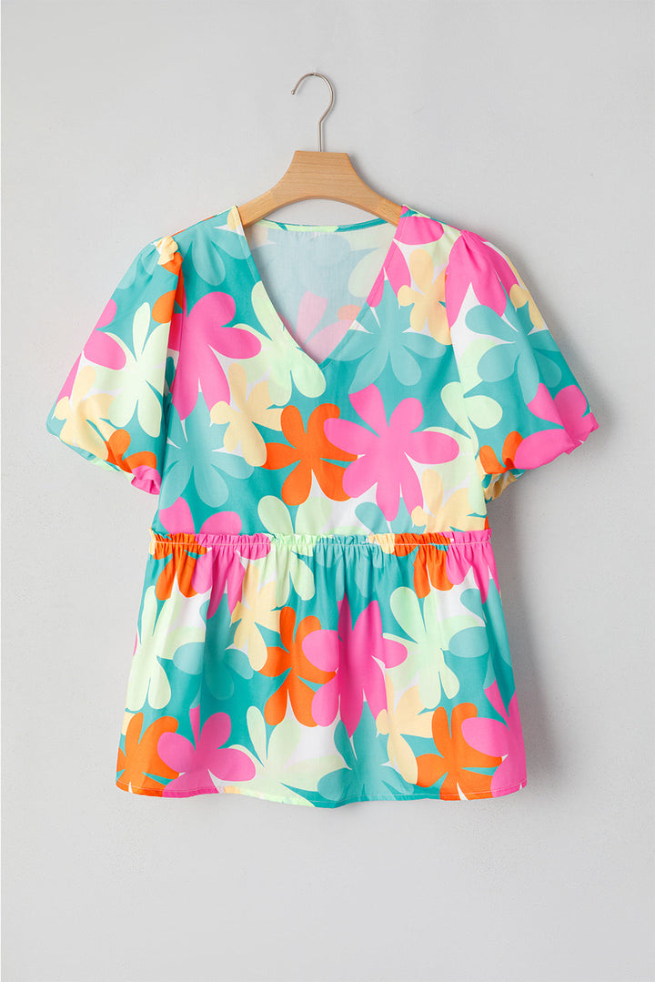 floral print bubble sleeve v neck peplum blouse