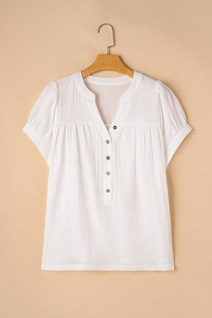 textured short sleeve buttons frayed blouse