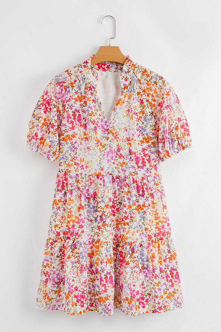 floral puff sleeve notched v neck tiered mini dress