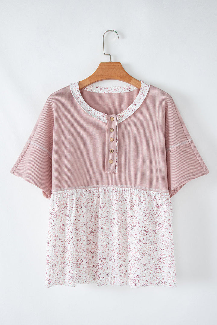 Waffle Floral Patchwork Exposed Seam Detail Short Sleeve Top