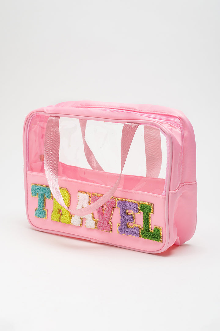 Trousse de maquillage TRAVEL en PVC transparent avec lettres en chenille