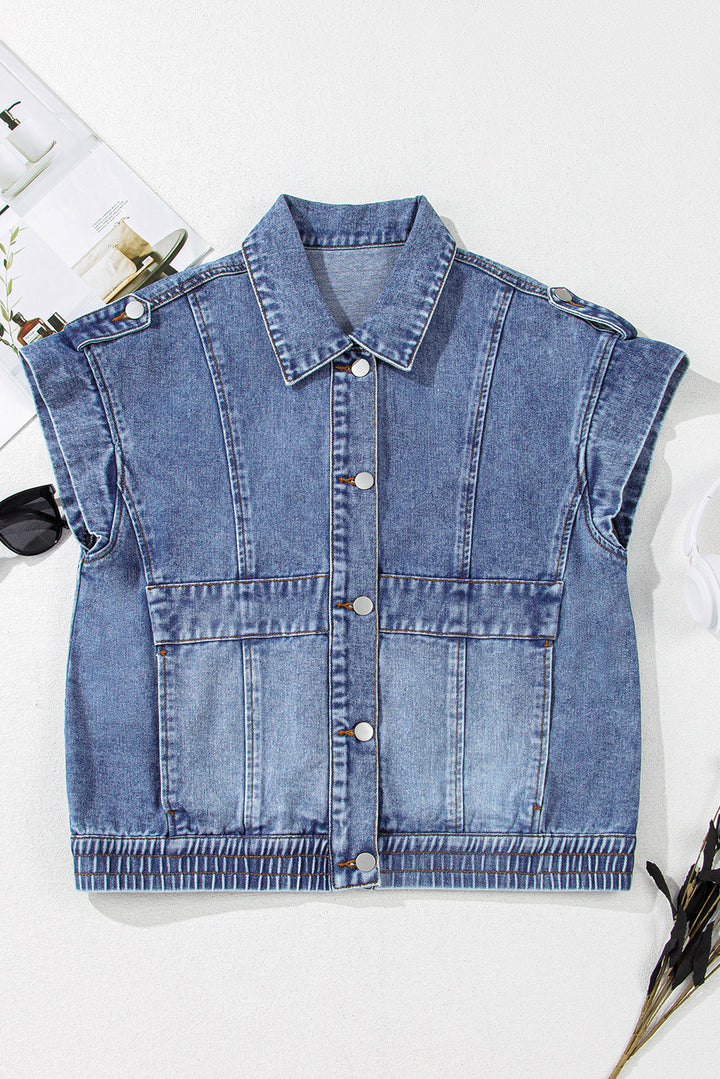 Acid Wash Elastic Hem Button Up Denim Vest