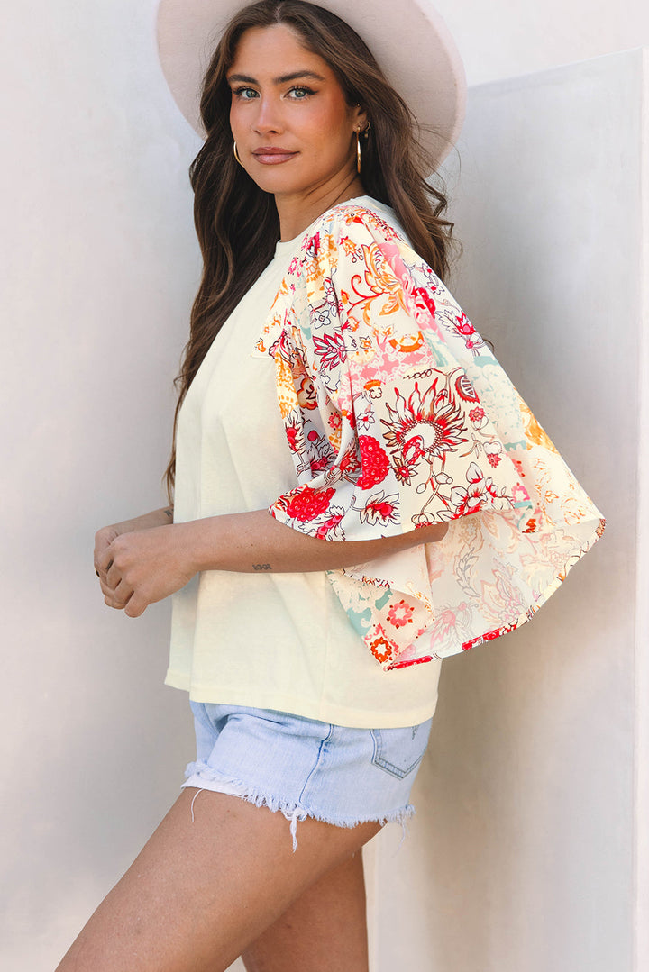 Floral Patchwork Half Batwing Sleeve Blouse