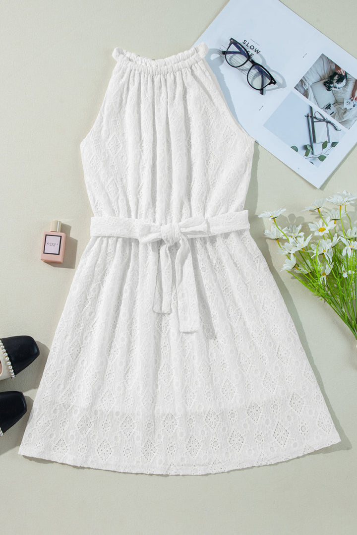 Lace Sleeveless Knot Hollow Out Back Tied Waist Mini Dress