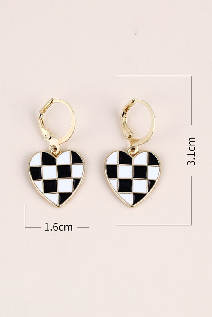 Checkered Heart Shape Hoop Dangle Earrings