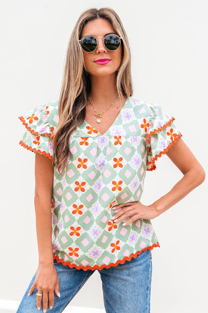 geometric floral print layered flutter sleeve v neck ric rac trim blouse
