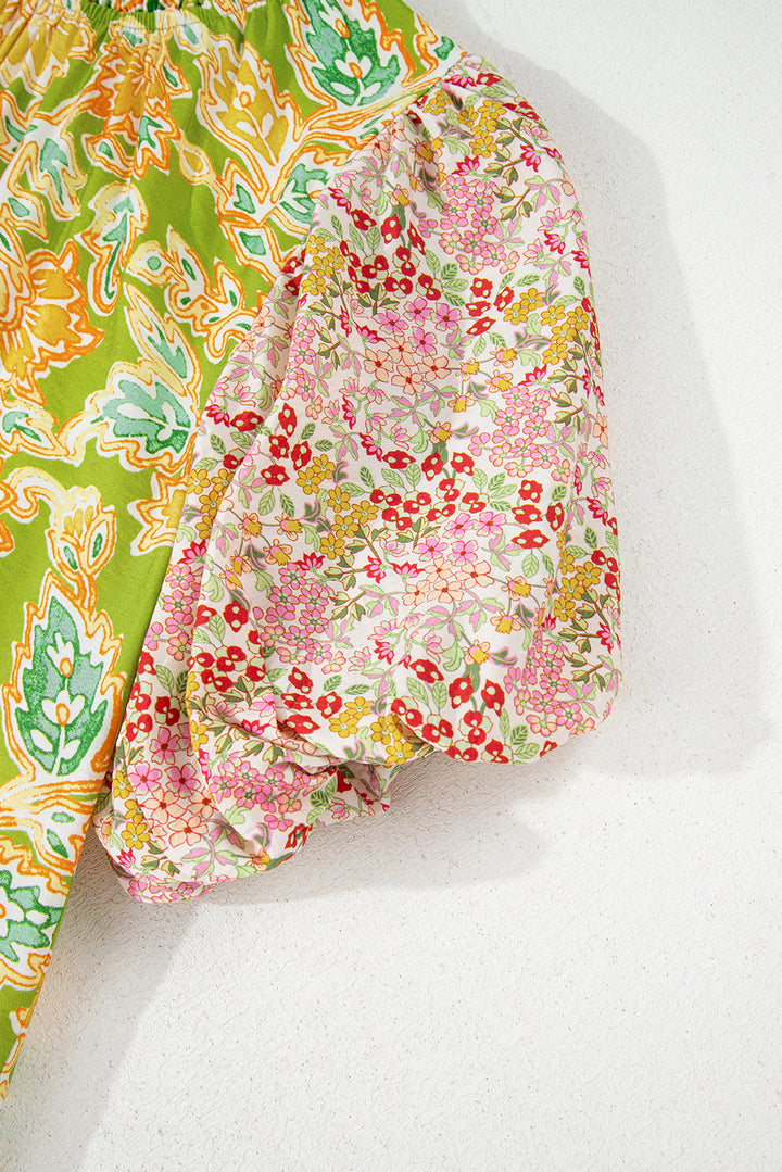 printed contrast bubble sleeve patchwork blouse