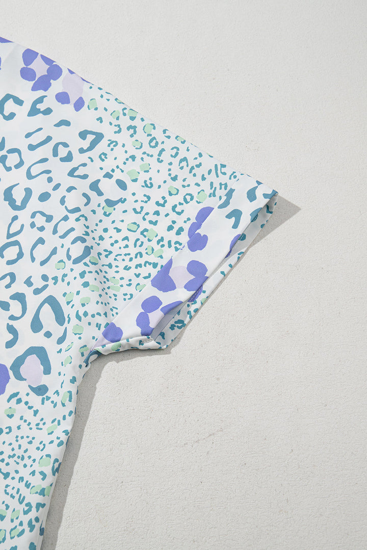 mixed leopard print v neck short sleeve blouse