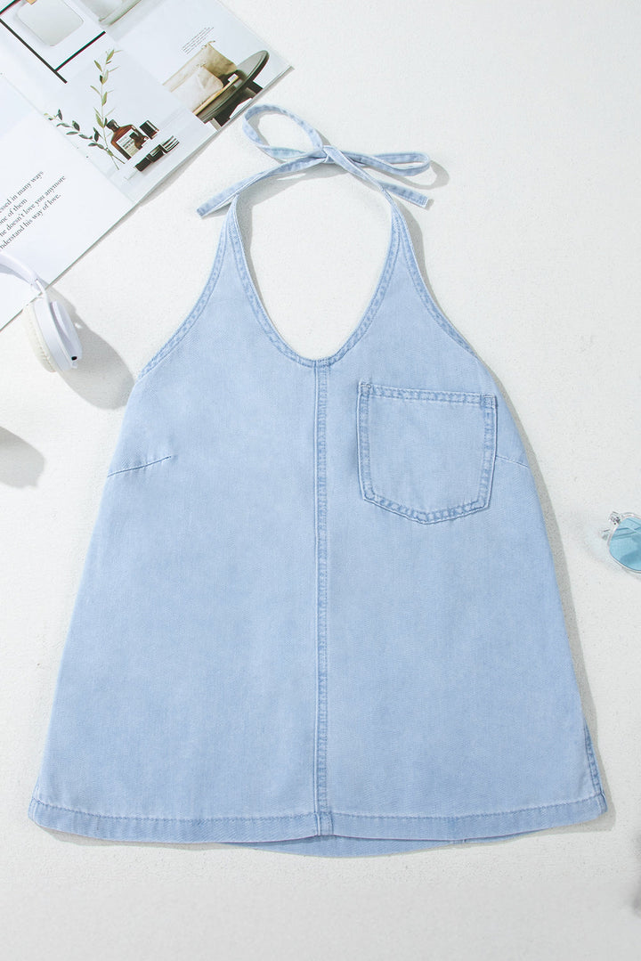 Knotted Open Back Halterneck Denim Tank Top