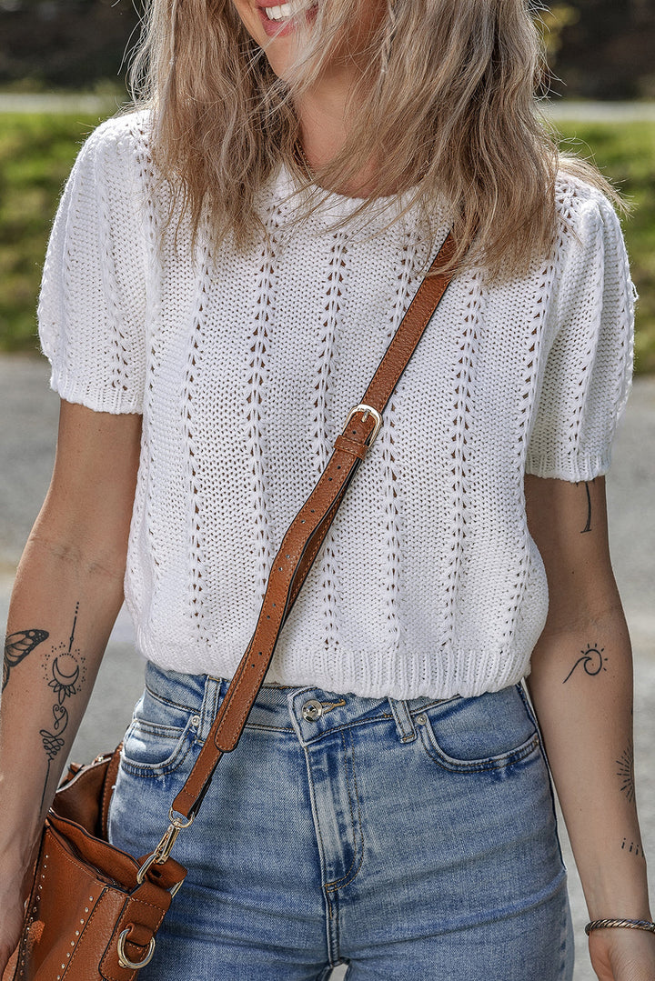 Pointelle Knit Short Puff Sleeve Crewneck Sweater