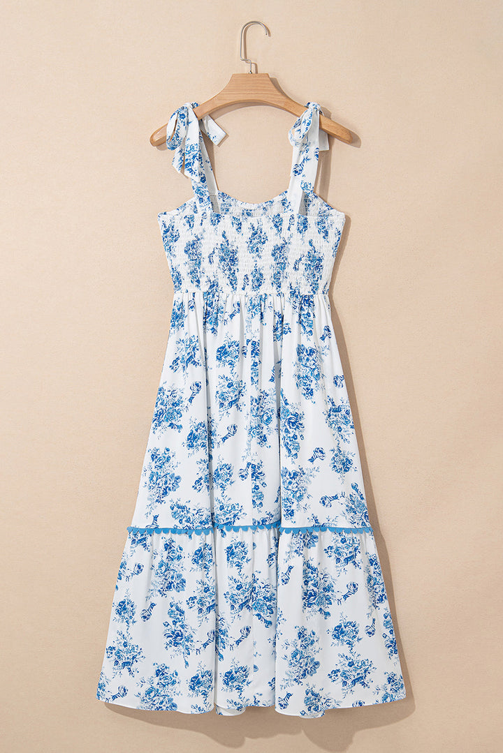 floral print shirred knot shoulder sleeveless long dress