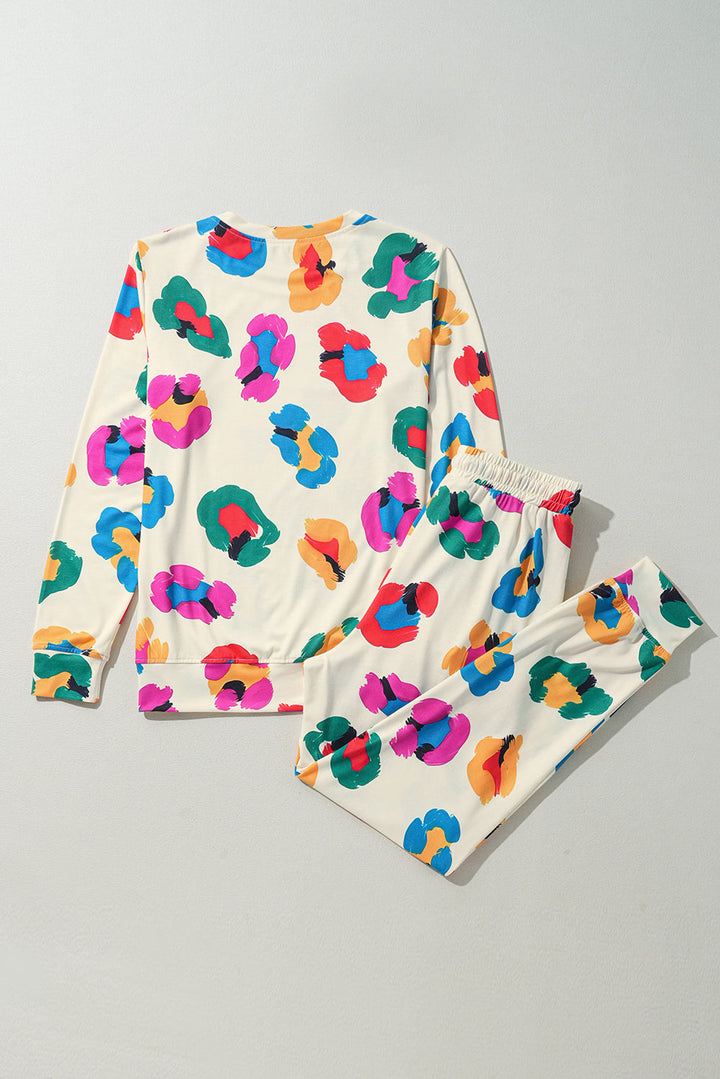 leopard print long sleeve top and skinny pants lounge set