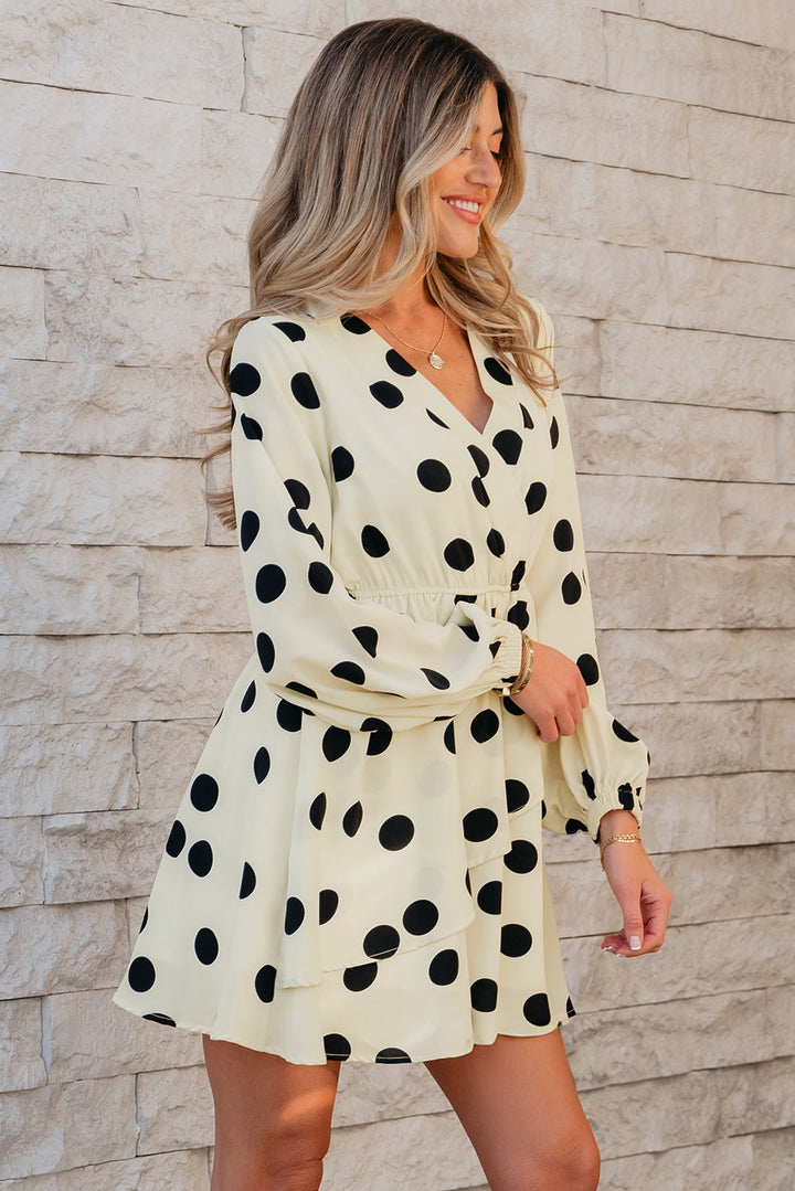 Polka Dot Printed Surplice V Neck Puff Sleeve Mini Dress