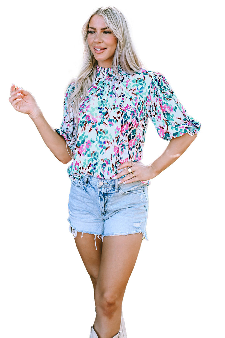Abstract Print Puff Sleeve Mock Neck Blouse