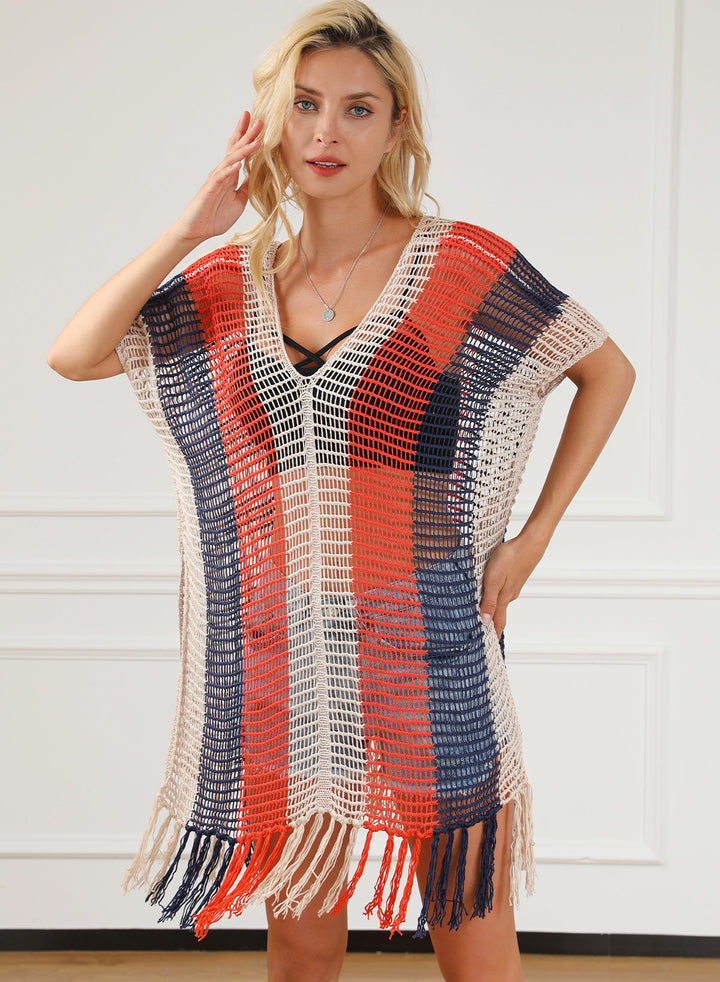 Striped Tassel Crochet V Neck Beach Cover Up