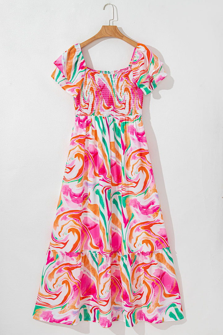 Abstract Print Ruffled Sleeve Smocked Bust Maxi Dress