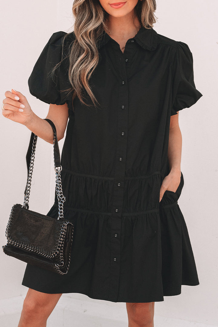 Shirt Style Button Down Puff Sleeve Ruffle Hem Dress