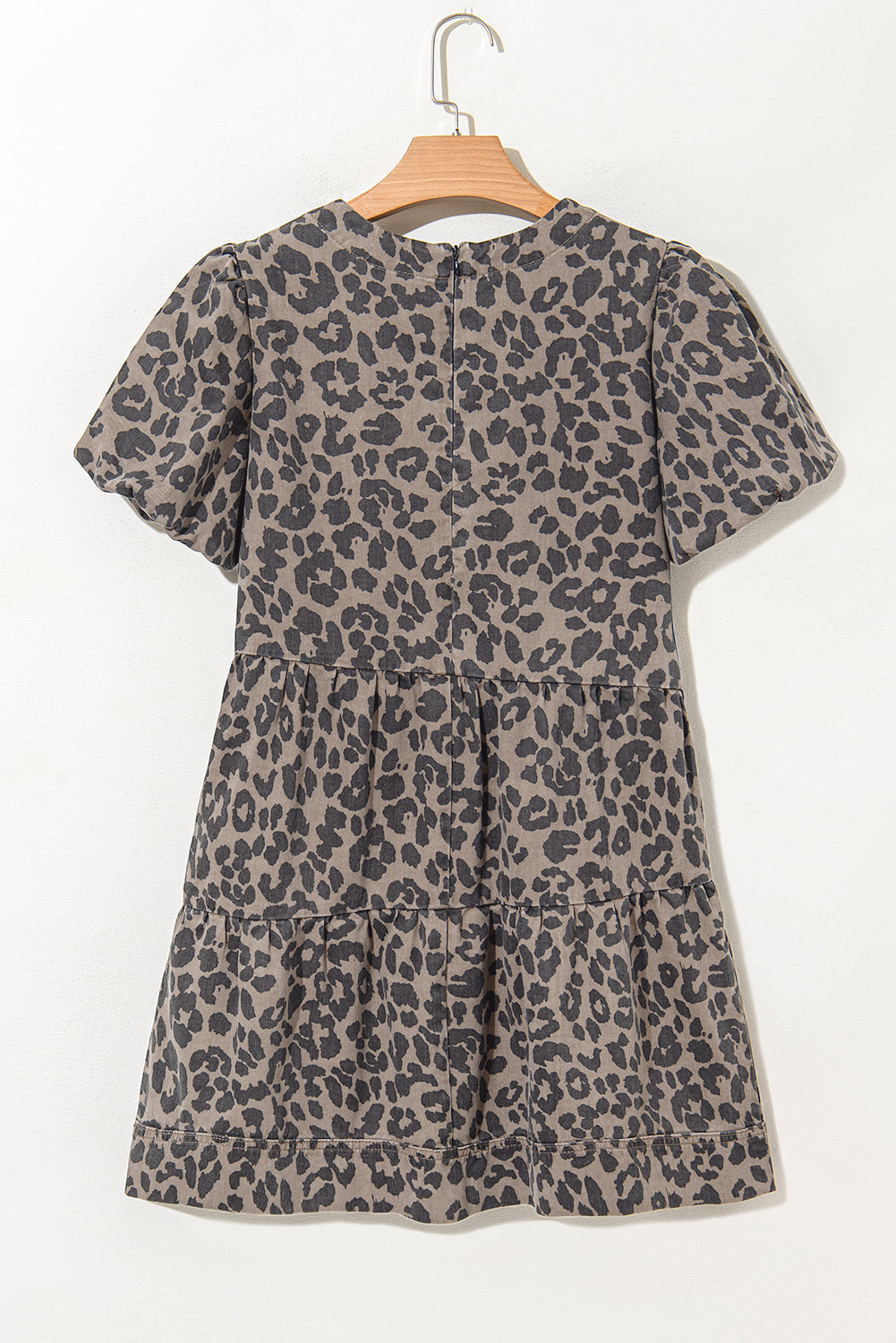 denim leopard printed short puff sleeve mini dress
