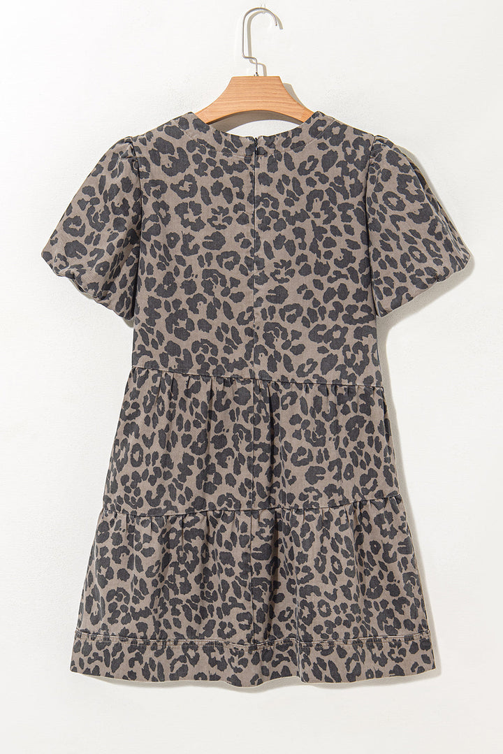denim leopard printed short puff sleeve mini dress