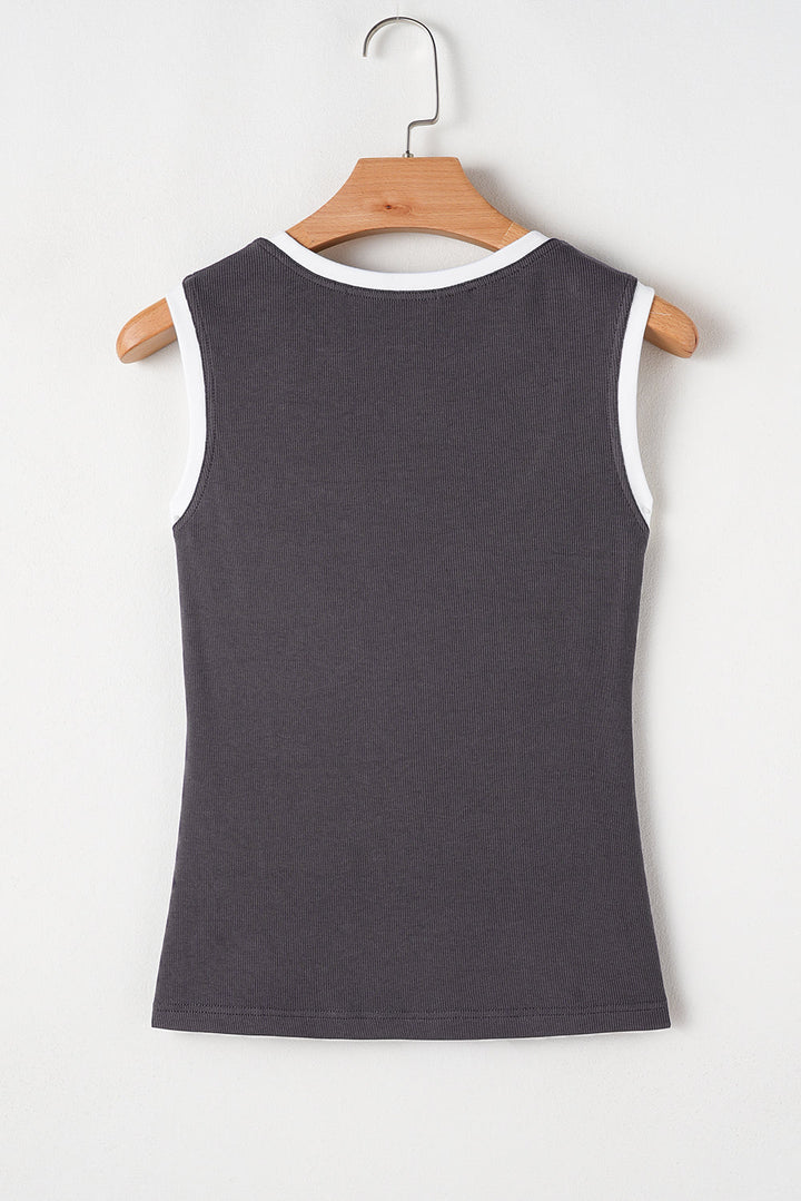 Ribbed Knit Colorblock Edge U Neck Slim Fit Tank Top