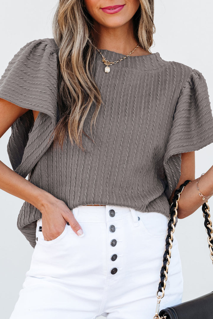 Solid Color Textured Flutter Sleeve Top