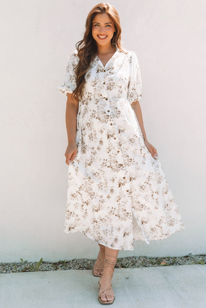 floral puff sleeve v neck buttoned front maxi dress