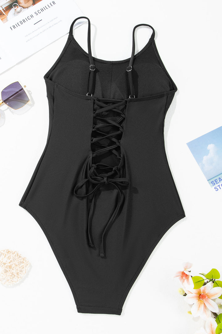 thin strap strappy lace up open back one piece swimsuit