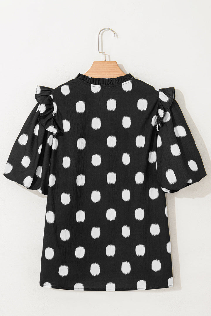 Polka Dot Print Shirred Yoke Notched Neck Balloon Sleeve Blouse