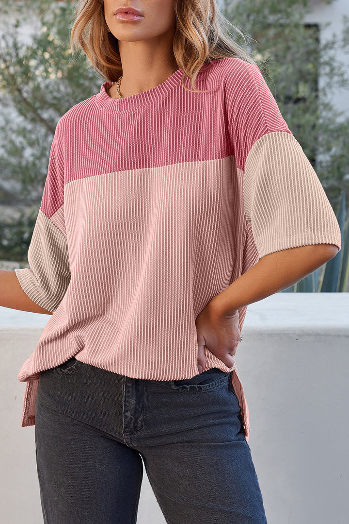 color block ribbed side slits half sleeve top 1