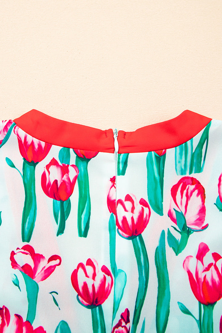 floral print contrast trim v neck bubble short sleeve babydoll dress