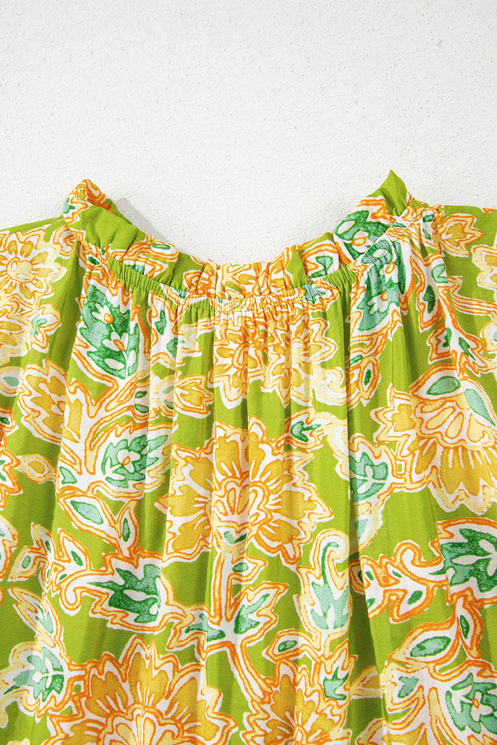 printed contrast bubble sleeve patchwork blouse