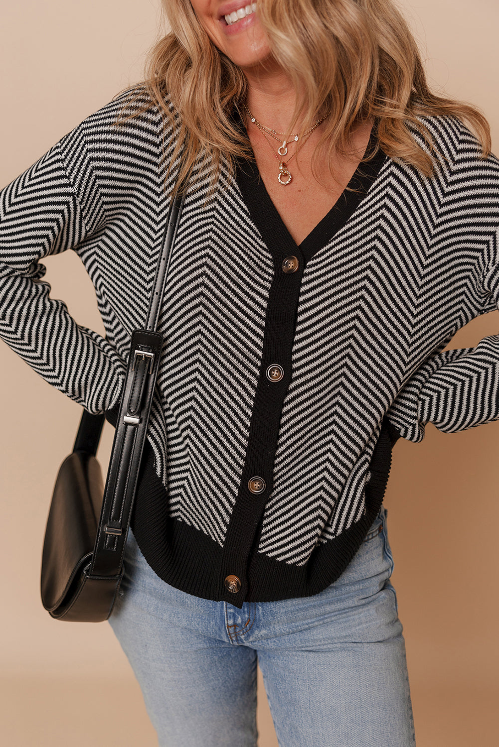 Buttoned Front V Neck Herringbone Cardigan