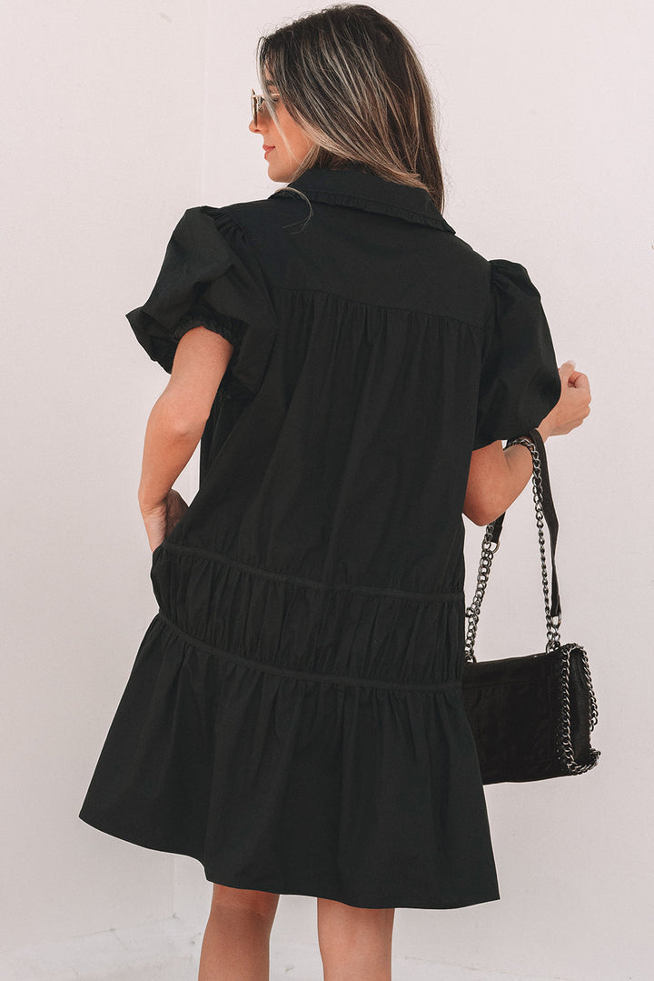 Shirt Style Button Down Puff Sleeve Ruffle Hem Dress