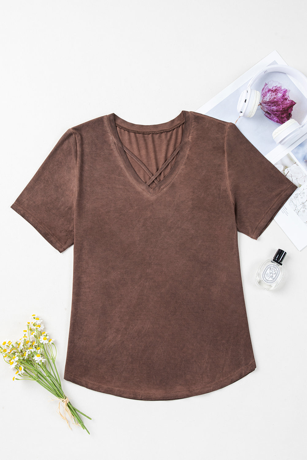 Mineral Wash Criss Cross V Neck Casual T Shirt