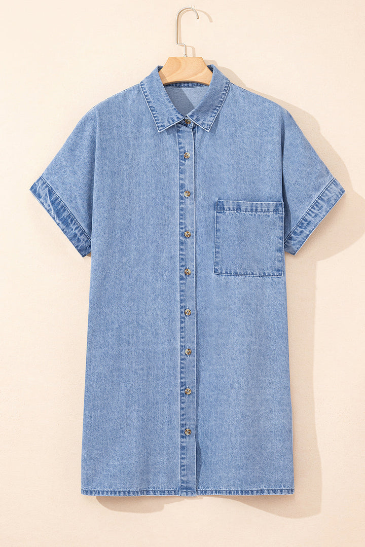 Short Sleeve Pocketed Button up Denim Tunic Dress