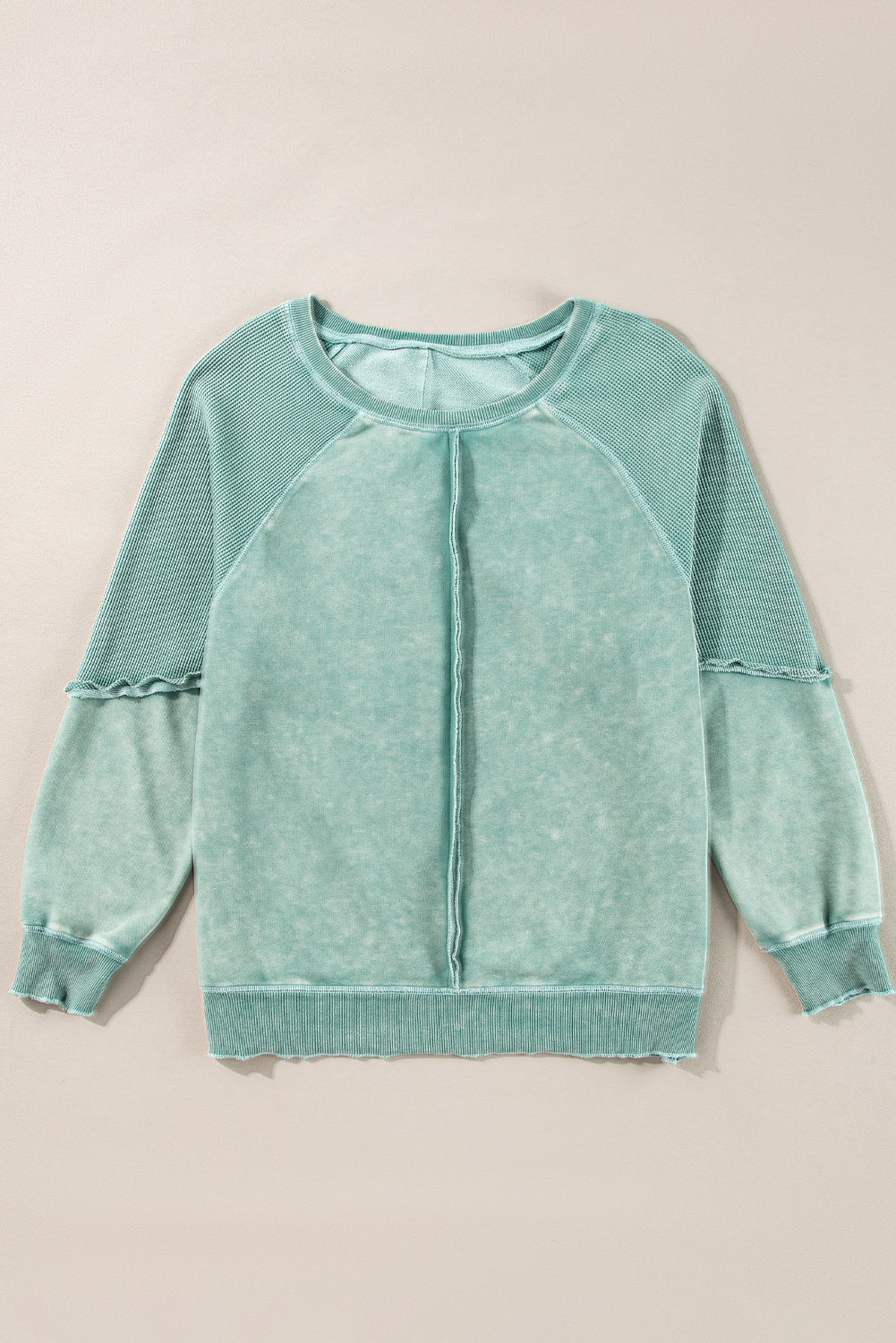 Solid Waffle Knit Patchwork Raglan Sleeve Sweatshirt
