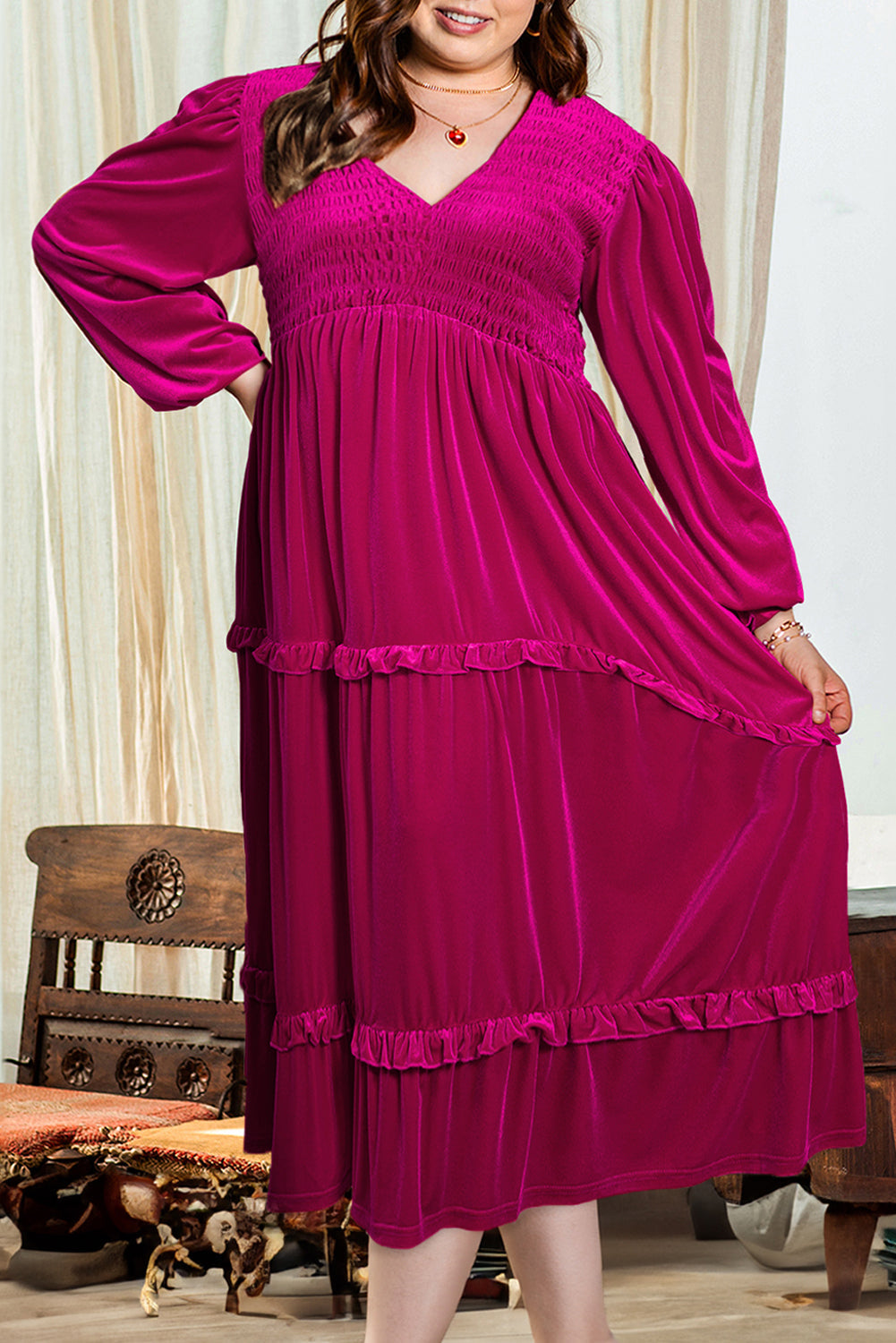 Shirred V Neck Tiered Ruffled Velvet Plus Size Maxi Dress – ModeShe