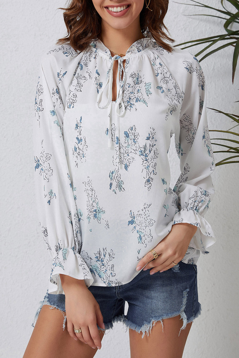 White Floral Tie Neck Long Sleeve Crinkle Blouse