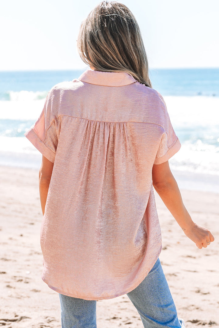 Metallic Buttoned Loose Fit Short Sleeve Shirt