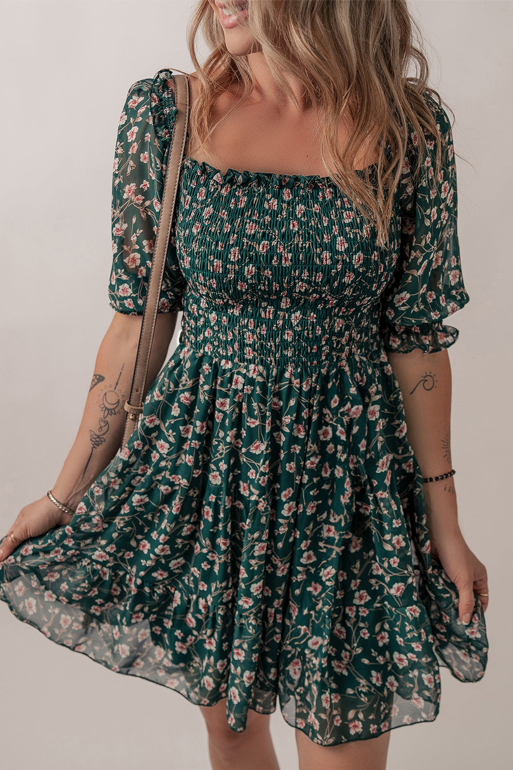 smocked square neck puff short sleeve floral dress